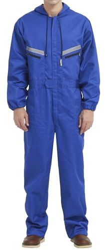 Yukirtiq Herr arbetskläder huva panndräkt overall med flera fickor, slitstark polycotton overallbyxor mekanik panndräkt med reflekterande tejp, Kungsblå, XS