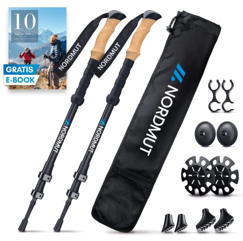 NORDMUT® Wanderstöcke Teleskop Carbon | Nordic Walking Stöcke Damen und Herren | Ultraleichte Trekkingstöcke [mit Gummipuffer Set] verstellbar mit Echt Kork Griff