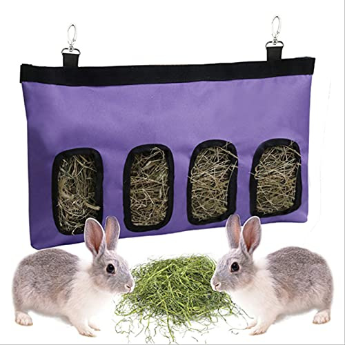 Bolsa de Heno de Conejo Bolsa de Alimentación de Heno henera de tela para cobayas para Conejo Chinchilla Hámster Pequeños Animales (4 ventanas, morado)