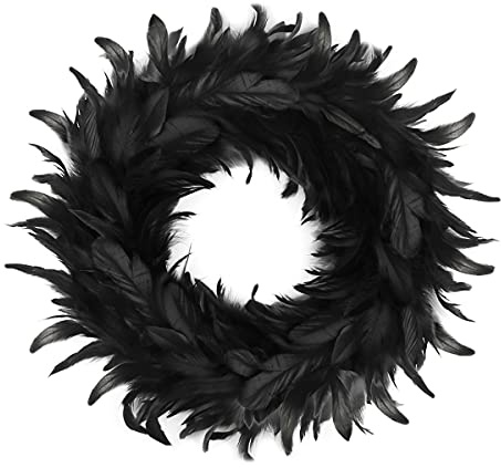 Halloween Türkranz, Halloween Kranz Ø 35cm, Halloween Deko, Natürliche Schwarze Federn Kranz, Schwarzer Halloween Kranz für Haustür, Wanddekoration, Haustür, Halloween Party Wand und Fenster
