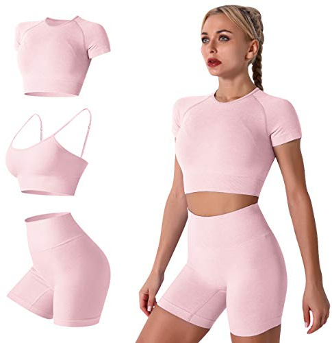 Odizli Workout Set Damen Sport BH + Kurzarm Crop Tops + High Waist Shorts Gym Yoga Outfit