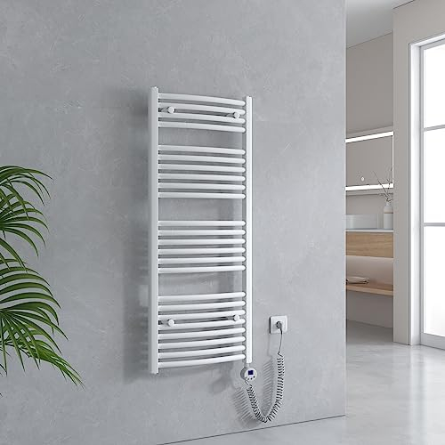 EMKE Handtuchheizkörper Elektrisch 1200 x 500 mm, Gebogen Badheizkörper Elektrisch mit Thermostat, Handtuchtrockner Handtuchwärmer mit Timer Weiß 500W