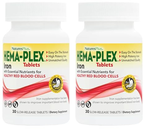 NaturesPlus Hema-Plex Iron - 30 Slow-Release Tablets, Pack of 2 - Total Blood Health - 85 mg Chelated Iron - with Vitamin C & Bioflavonoids - Non GMO, Vegetarian & Gluten Free - 60 Total Servings