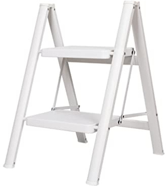 BAOYOUNI Escalera Plegable 2 Peldaños de Aluminio Ligera y Portátil Escalerilla Doméstica Taburete con Pedal Ancho Antideslizante, Peso Máximo 150 kg, para Hogar, Cocinas, Garaje, Oficina, Blanco