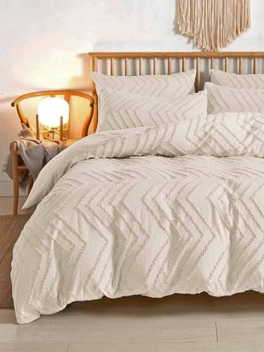 Nanko Beige Duvet Cover King Size, 3pc Boho Tufted Microfiber Bedding Comforter Cover Set, All Season Aesthetic Shabby Chic Soft Embroidery Textured Geometric Quilt Cover (104x90)