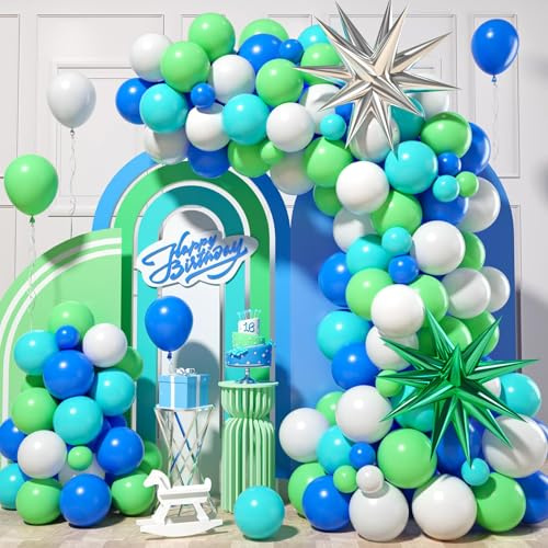 Wpensky Green White Balloon Arch Kit, 107 PCS Blue Garland with Latex Balloons, and Silver Star Foil Balloons for Boys Birthday Wedding Baby Shower Party Decorations