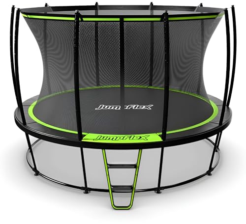 JumpFlex Hero Round Outdoor Backyard Trampoline with Net Safety Enclosure and Ladder, 12ft - Heavy-Duty Jumping Trampoline Play Equipment for Family
