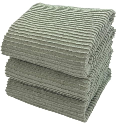 Sage Green Kitchen Dish Towels 100% Cotton Cloth Soft Cleaning Drying Absorbent Terry Ribbed Loop: Set of 3 Multipurpose for Everyday Use