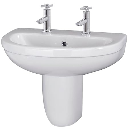 Balterley 555mm Bathroom Sink, Semi Pedestal Ceramic Round Bowl Bathroom Wash Basin Sink with Overflow, 2 Tap Hole, Wall Mounted Basin Sinks for Cloakroom - 555 x 445 x 498mm (White)