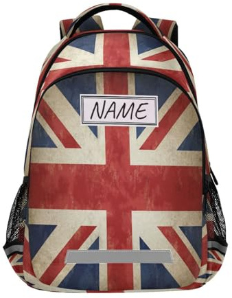 Custom Vintage England British Uk Flag Backpack School Book Bag for Teen Boy Girl Kids Personalized United Kingdom Daypack Rucksack Customization for Travel Camping Gym Hiking