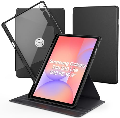 Hülle Samsung Galaxy Tab S10 FE/S9 FE 10,9 / S9 11 mit S Pen Halter | 360 Grad Drehbare Schutzhülle Acryl Transparente Rückseite Stoßfest Grenze (Schwarz)