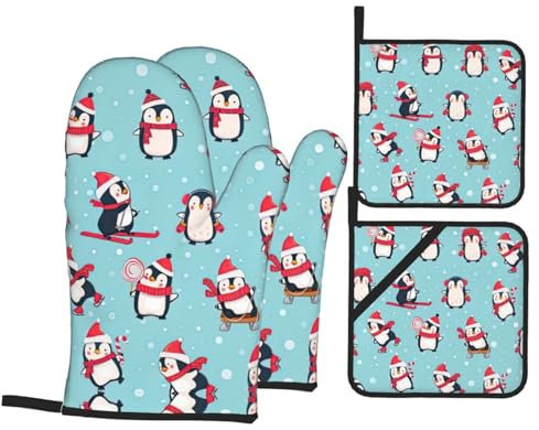 Set di 4 presine da cucina e presine con stampa pinguini natalizia, resistenti al calore, antiscivolo, per cucina, pasticceria, grigliate