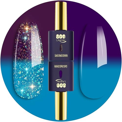 YTD Likomey Gel Nail Polish 15ml 2 Pcs Set,Color Changing Pure and Glitter Kit,Thermal Change Colors UV Salon Manicure Gel-Turquoise To Deep Purple