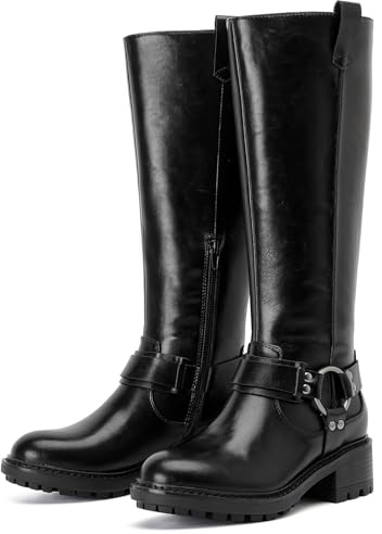 Ruiee Knee High Boots for Women Wide Calf Comfort Casual Flat Riding Combat Long Boots Low Heeled Winter Fall Fashion Dressy Tall Knee-High Boots. 240972 Black PU Size9