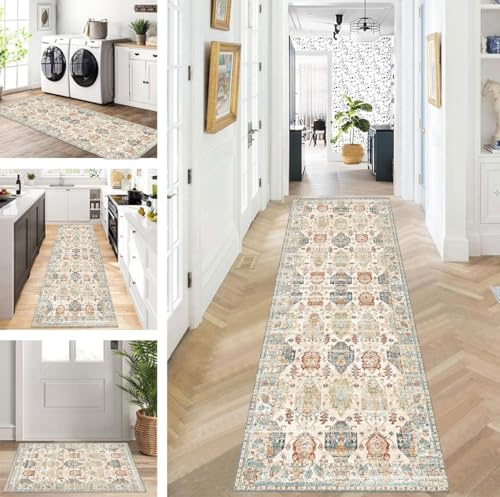 ZUZEKU Boho Läufer Flur Küche Waschbar rutschfest 100X200cm Lang Rot Beige Blau Küchenteppich Flurteppich Teppich Fur Korridor Wohnzimmer Schlafzimmer Meterware Anpassbar