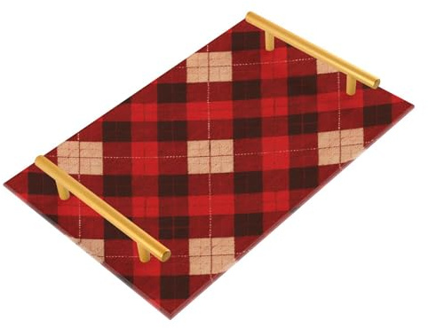 Bandeja de té decorativa de tablero de ajedrez rojo y negro con asas para servir joyas, perfumes, fiestas, servir charola para desayuno