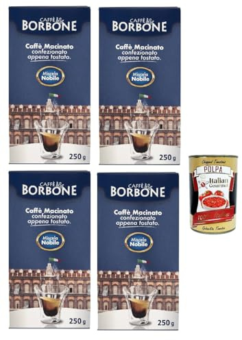 Caffè Borbone Miscela Nobile Caffè Macinato, Italian Café moulu, convient pour cafetière Moka, Lot de 4x 250 gr + Italian Gourmet polpa 400g