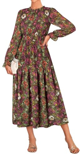 GRACE KARIN Kleid Damen Sommer Langarm A Linien Blumen Chiffon Maxikleid | Hochzeitsgast Kleid Elegante Rundhals Ausschnitt Festlich Party Cocktail Abendkleid Lang