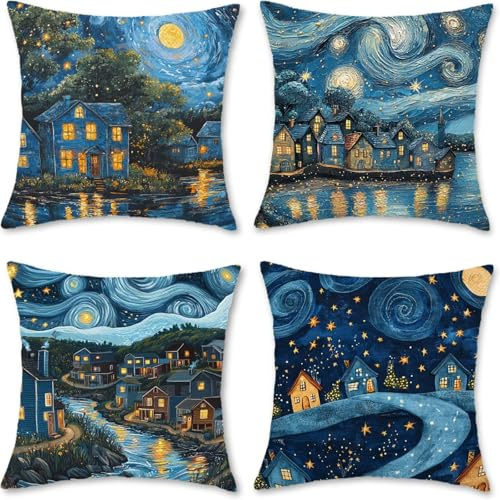 Cojines para Exterior 30x30cm Juego de 4 Estilo Van Gogh, áRboles Cojines Decorativos Fundas Cojin Lavables Poliéster Lino Textil Cojin Exterior Impermeable, para La Decoración Jardín Silla J-0