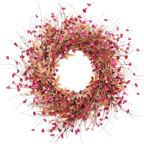 wwmira 24 Inch Pink Rose Wildflower Wreath Forsythia Flowers Wreaths Fall Door Wreath for Indoors & Outdoors, Porch, Fireplace, Weddings, Thanksgiving & Autumn Décor