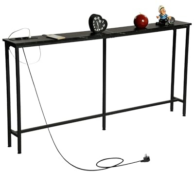 GOKHOMX Tavolo consolle stretto con base di carico, tavolino da ingresso stretto da 160 cm, console dietro il divano, per soggiorno, ingresso, corridoio, effetto marmo (nero, 160 x 20 x 80,5 cm)