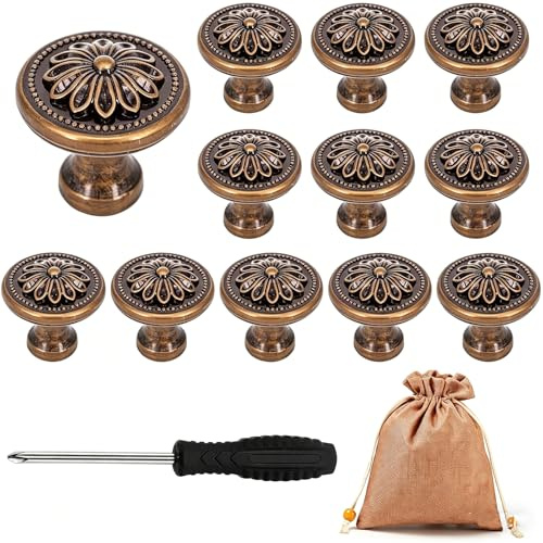 ZSOPN Schrankknöpfe 12 Stück runde schubladenknöpfe Mit Aufbewahrungstasche30mm schrankknöpfe bronze antik küchenknöpfe mit Schrauben,Schranktürknöpfe Blumen Muster Runde kommodenknöpfe vintage