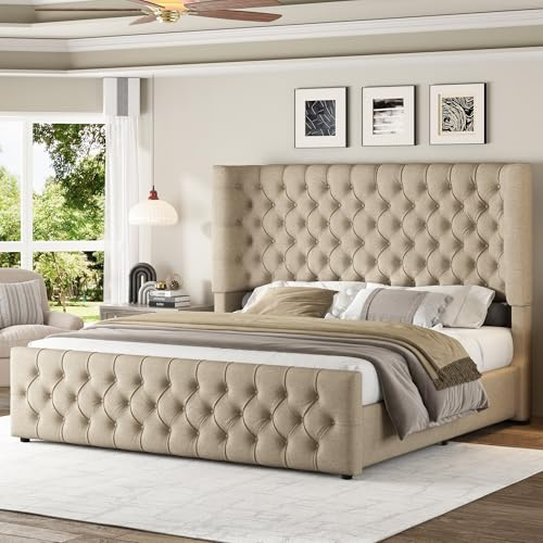 Jocisland Queen Size Platform Bed Frame, 6.3 Thick Upholstered Curved Wingback Headboard and Footboard with Deep Button Tufted, Easy Assembly, No Box Spring Needed, Khaki Linen