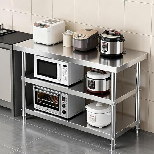 KCCRHIN Tavolo da Preparazione Inox A 3 Ripiani, Scaffalatura per Cucine Commerciali, Scaffale in Metallo, Banco da Lavoro Multifunzionale in Acciaio per Ristoranti, Casa, Garage,120x60x80cm