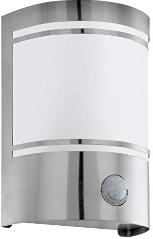 EGLO Außen-Wandlampe Cerno, 1 flammige Außenleuchte inkl. Bewegungsmelder, Sensor-Wandleuchte aus Edelstahl in Silber und Glas in Weiß satiniert, E27 Fassung, IP44