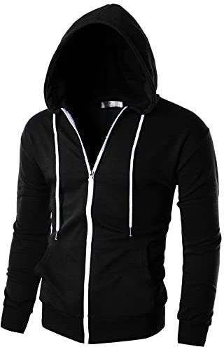 Ohoo Mens Slim Fit Zip Up Hoodie Cotton Blend Soft Fabric Basic Layering Comfy Jacket with Hidden Smart Pocket / DCF002-BLACK-M