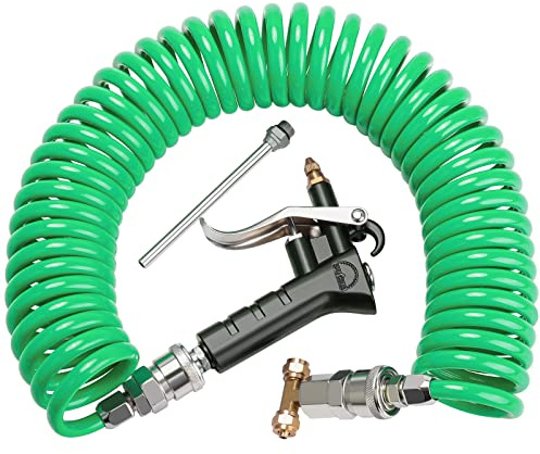 Boeray Limpiador de pistola de aire resistente para camión con bobina de 9 metros de largo y 2 puntas de boquilla intercambiables, kit de pistola de aire verde