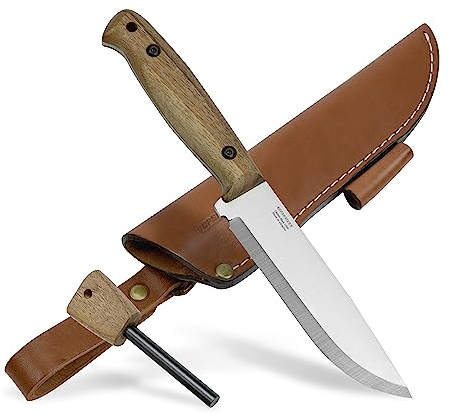 BPS Knives Adventurer - Cuchillo Bushcraft de Acero al Carbón con Funda de Cuero y Encendedor - Cuchillo de Campamento