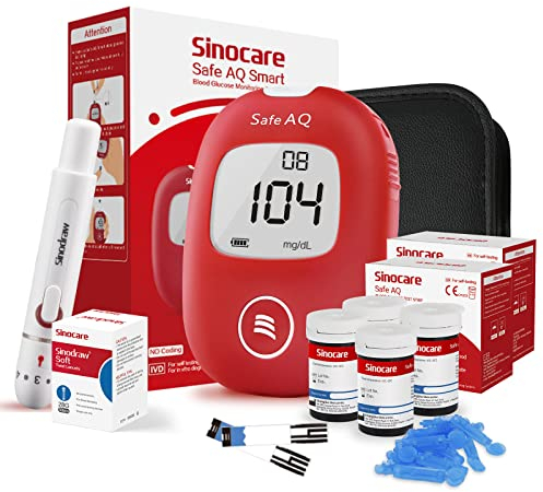 sinocare Blutzuckermessgerät Set mit Teststreifen 100, Glucose Monitor mit 100 Blutzuckerteststreifen und Stechhilfe, Schmerzfrei, mg/dL (AQ smart set x100 Teststreifen)