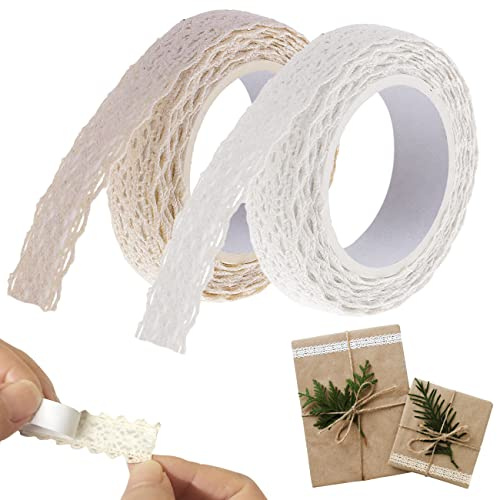 AOBETAK Spitzenband Selbstklebend Creme Und Weiß Zum Basteln, 2 Rollen Vintage Baumwoll Spitze-borte Für Nähen Weihnachten Handwerk, Je 2 Meter, 1,5cm Breite, Spitze Ribbon Dekoband