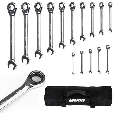 Egofine 15-piece SAE Ratcheting Wrench Set, SAE 1/4 to 1 Chrome Vanadium Steel, 12-Point, 72-Teeth Open End and Box End Combination Tool with a Roll Up Storage Bag