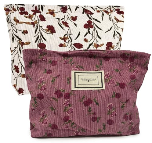 XNIVUIS 2 Pièces Trousse Maquillage en Velours Côtelé, Impression Fleurs de Roses, Voyage pour Femmes et Filles (Rose)