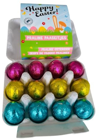 OYOY | 4x 12 Gefüllte Ostereier Milchschokolade in Mini Eierbox 142g | 48 Schokoeier | Haselnuss Praline & Knusper Cerealien | Oster Süßigkeiten Set | Ostergeschenke Kinder & Familie