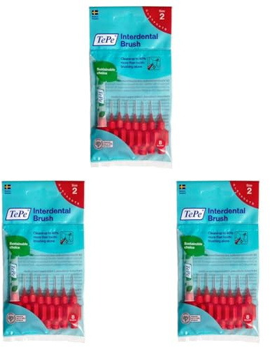 TePe Original Interdentalbürsten – Einfache Reinigung der Zahnzwischenräume – 1 x 8 Bürsten – Durchmesser 0,5 mm – Rot (Packung mit 3)