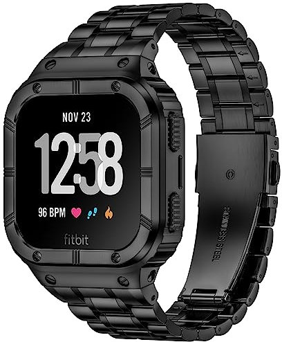 Deczone Edelstahl-Uhrenarmband mit Fall kompatibel für Fitbit Versa 4 3 2 1 Lite, Fitbit Sense 2/Sense Bands, robuste schützende Stoßstange Metall-Armbänder für Männer Frauen (schwarz)
