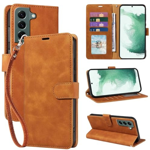 GOTOURED RFID Blocking for Samsung Galaxy S22 Case Wallet (Brown) | 4 Card Slots, Soft PU Leather, TPU Inner Shell, Wrist Strap, Kickstand, Magnetic Folio Flip Cover, Shockproof Protective