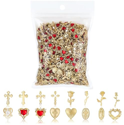 Lilbitty 80 Stück Goldene Nail Charms für Nägel, Glitzersteine und Strasssteine zum Basteln, Luxuriöse DIY Nageldekorationen im Y2K Stil, 16 Verschiedene Designs