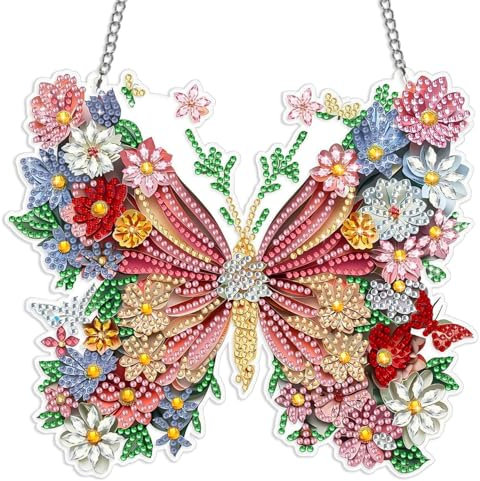 MICHIHOMIE Diamante Pittura Finestra Immagini, 5D DIY Diamante Pittura Primavera con Catena, Diamont Pittura Ciondolo Farfalla per Finestra Parete e Ingresso Decorazione