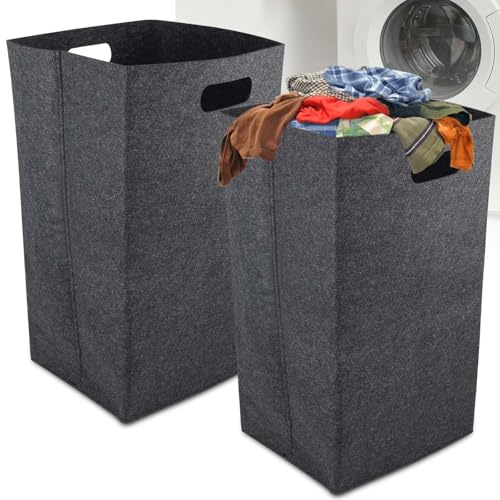 2 stycken tvättkorg av filt, smal tvättkorg 60 l, vikbar, förvaringskorg, tvättlåda, stor tvättkorg, förtjockad tvättbehållare för sovrum, badrum, mörkgrå