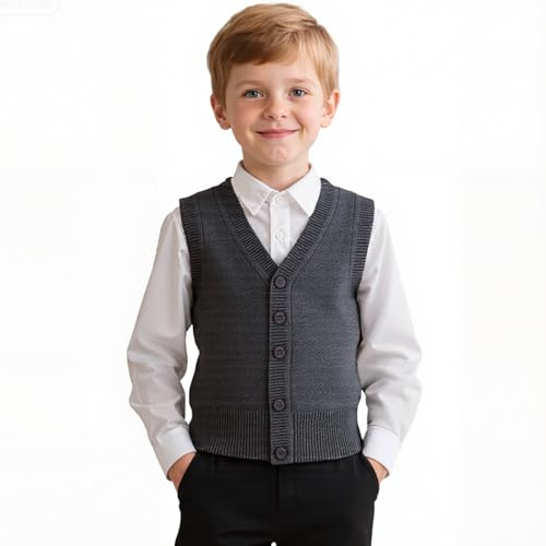 Yanmucy Boys Girls Knitted Vest V-Neck Sleeveless Knitwear Sweater School Uniform Matching Shirt Jumper Cardigan for Kids Aged 5-14 Years (UK, Age, 5 Years, 6 Years, Regular, Grey)