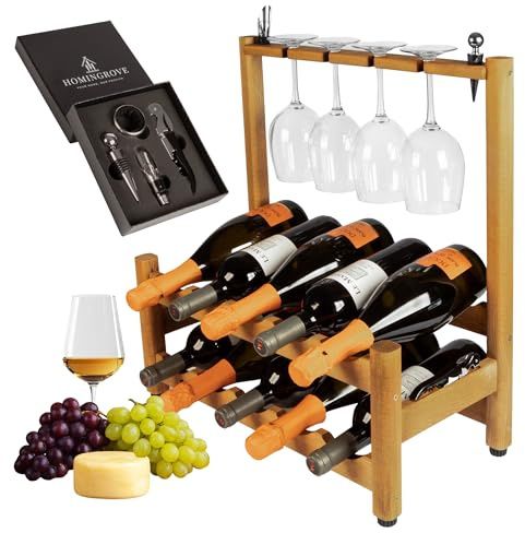 Homingrove Cantinetta Vino Legno FSC – Portabottiglie di Vino con Accessori & Porta Calici 4 Bicchieri – Design Compatto da Tavolo per Cucina o Soggiorno – Idea Regalo per Amanti del Vino – Porta Vino