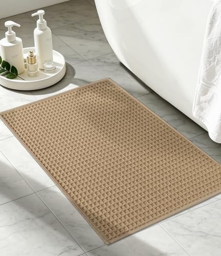 chakme Waffel Badezimmerteppich, 40x60 cm Khaki Dünn Badematte rutschfest | Waschbar Badvorleger, Schnelltrocknend Badteppich, Gummi Duschvorleger