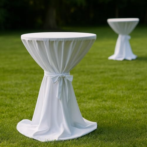 Hans-Textil-Shop Stehtischhusse Weiß 60–65 cm rund Baumwolle Linon – einfarbig & Kochfest, handgefertigt in Europa, Premium-Überzug mit Dekoschleife für Bistrotisch & Gartentisch