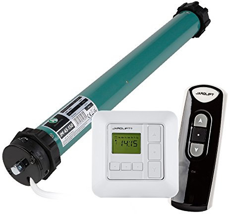 JULIUS MAYER Motor tubular electromecánico JM45-150 (15Nm | SW60) para persianas + JAROLIFT Sevenlogic Comfort Funk Reloj conmutador + Mando a distancia de 1 canal TDRC 01