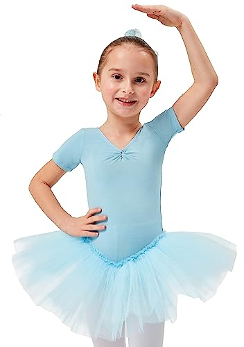 tanzmuster ® Ballettkleid Mädchen Tutu - Nele- aus weichem Baumwollstoff mit Glitzersteinen fürs Kinder Ballett Ballettbody Ballett Trikot, Hellblau 140-146