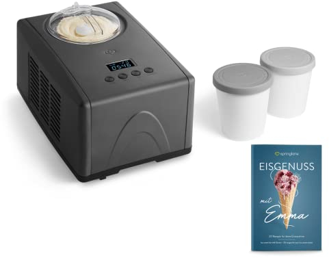SPRINGLANE Eismaschine Emma 1,5 L mit selbstkühlendem Kompressor 150 W, aus Edelstahl mit entnehmbarem Eisbehälter, inkl. Rezeptheft (Anthrazit, Eismaschine + 2 Aufbewahrungsbehälter Grau)